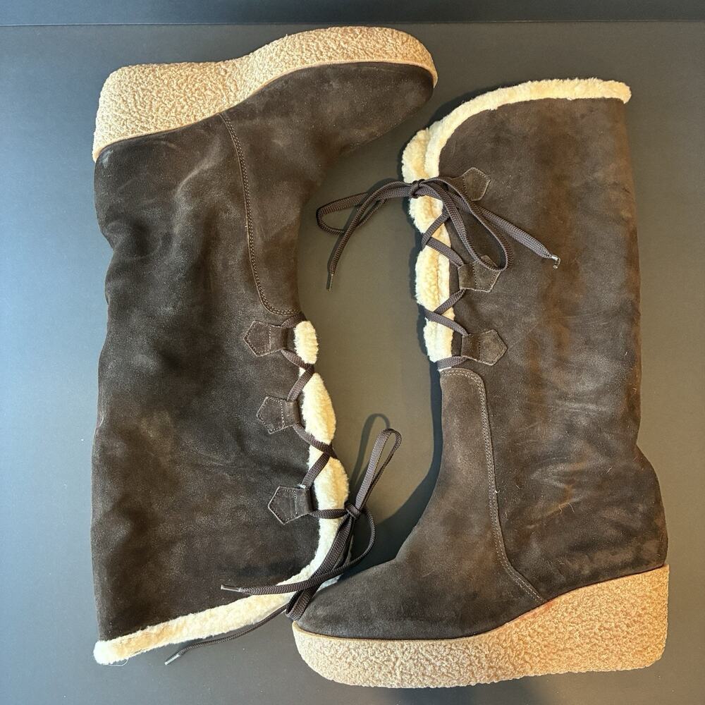 Michael Kors Women's Suede Shearling Lace-Up Wedge Boots Chocolate Size 9M